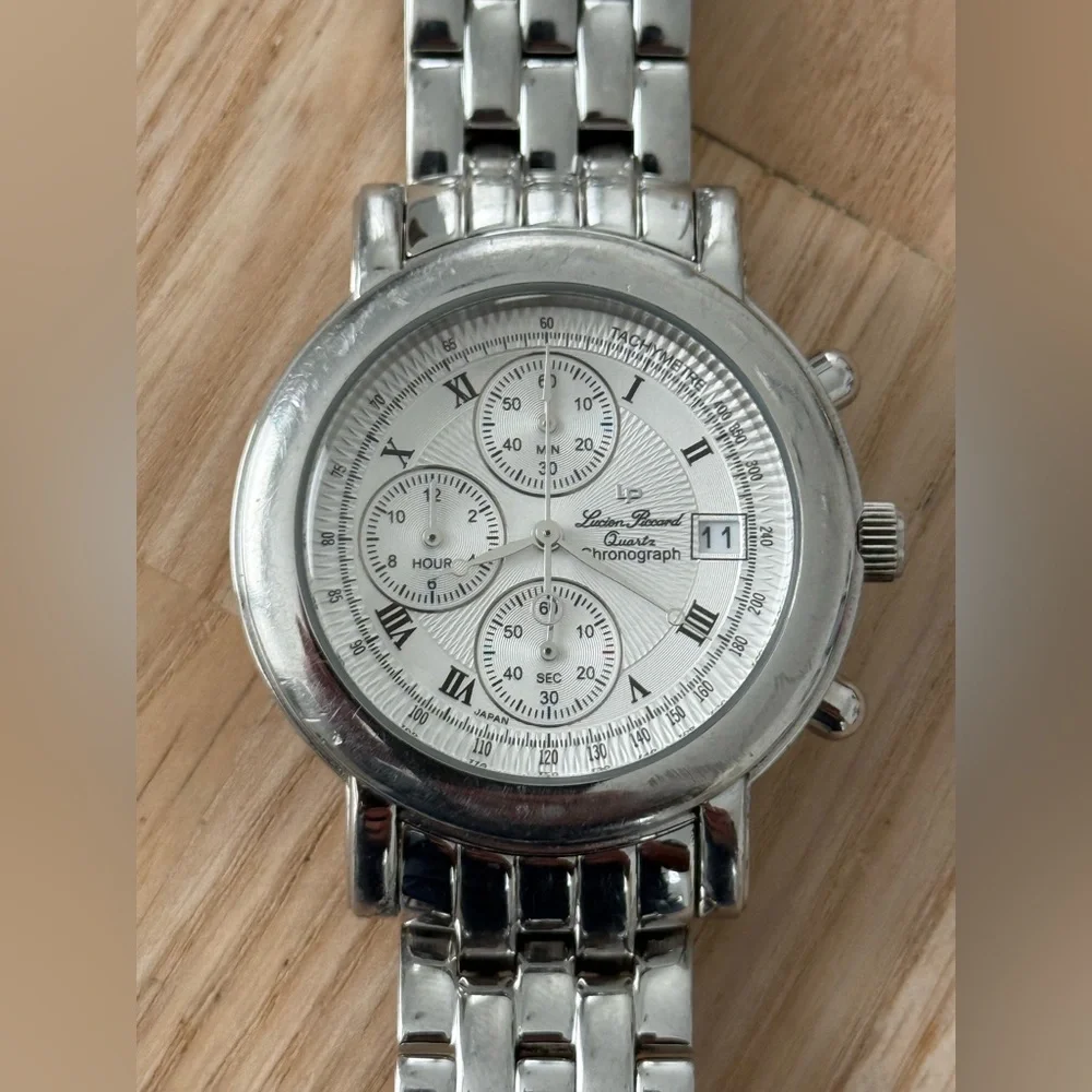 Lucien Piccard Chronograph Watch Stainless Case Bracelet Silver Dial New Crystal